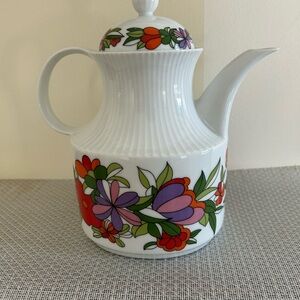 Vintage Kaiser Porcelain Coffee Pot with vibrant colored flowers, ribbed design